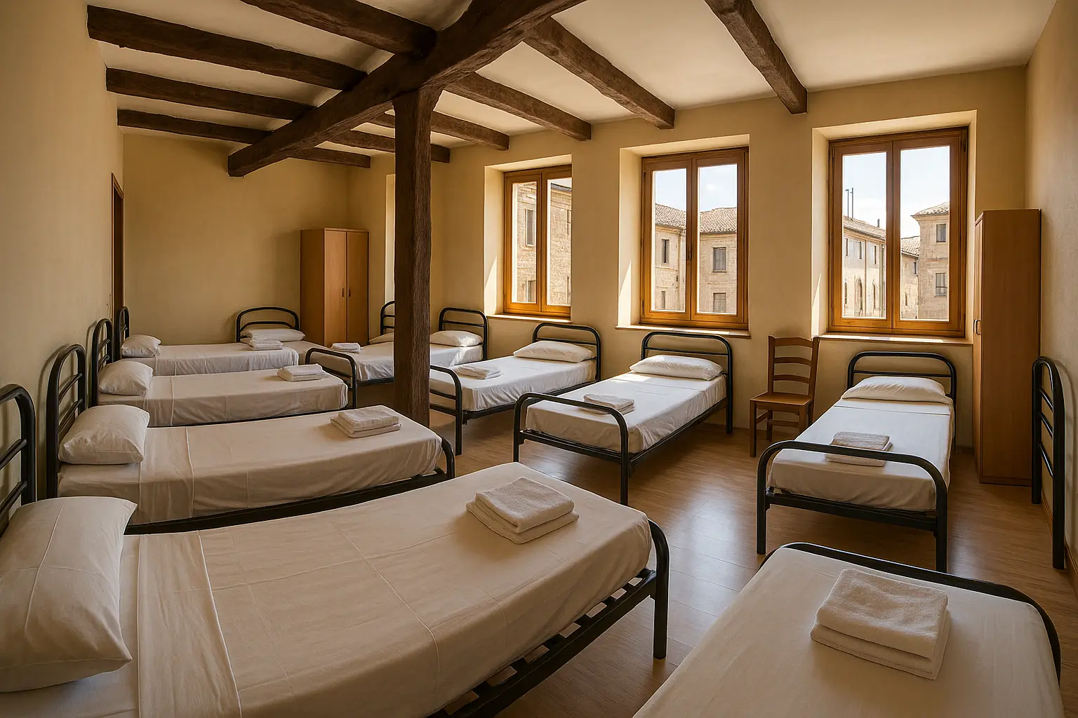 Dormitorio compartido en un albergue de peregrinos del Camino Francés, con camas sencillas, luz natural y ambiente acogedor