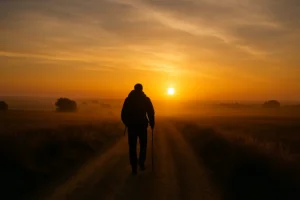 Peregrino solitario caminando al amanecer por un sendero del Camino de Santiago, rodeado de campos dorados e iluminado por una luz mística y dorada que transmite paz y espiritualidad.