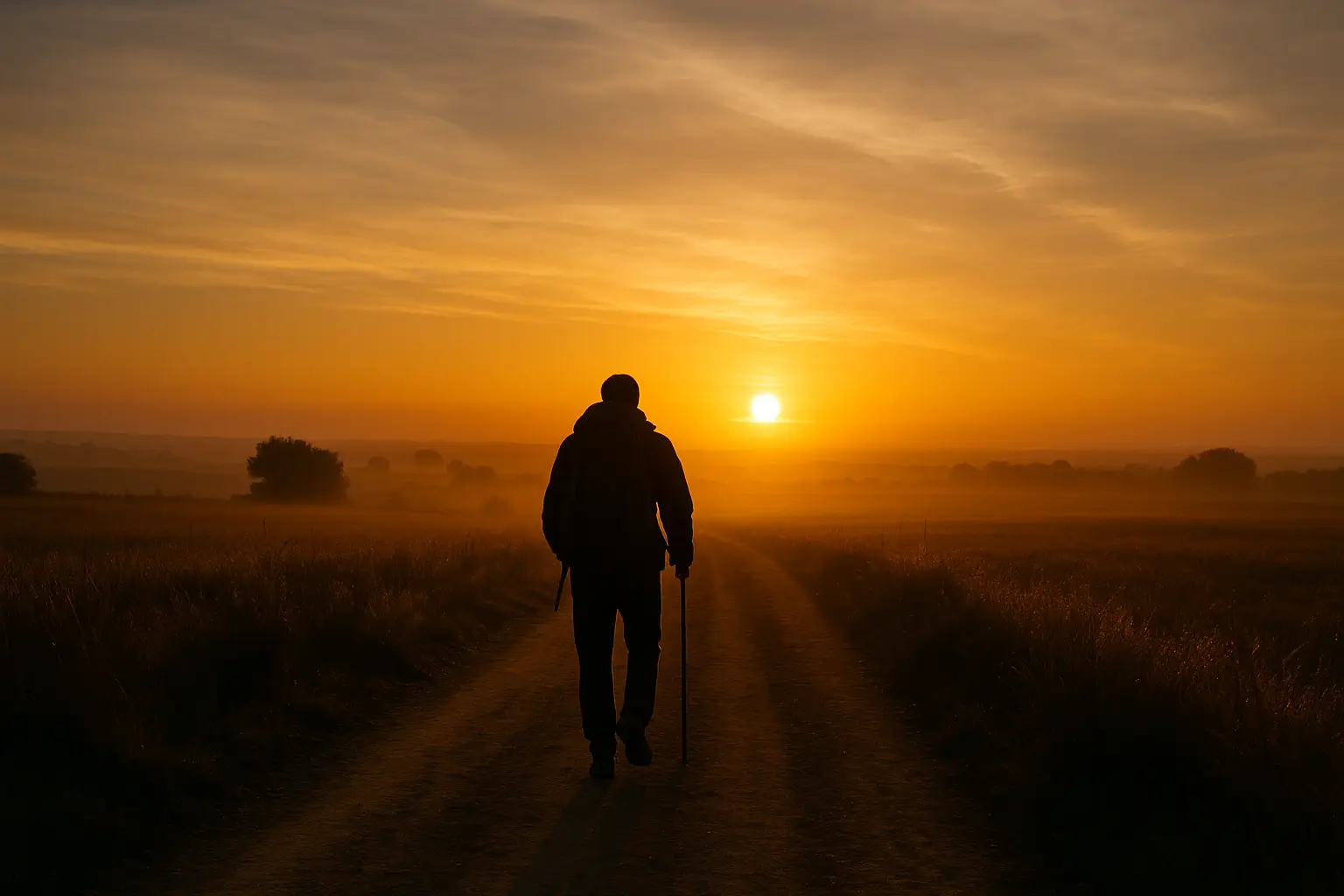 Peregrino solitario caminando al amanecer por un sendero del Camino de Santiago, rodeado de campos dorados e iluminado por una luz mística y dorada que transmite paz y espiritualidad.