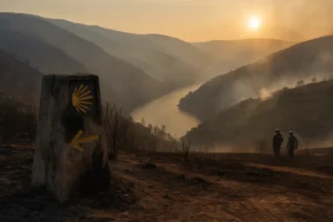 Marcador del Camino de Invierno en la Ribeira Sacra, ennegrecido tras incendio; humo sobre el valle del Sil al atardecer y dos bomberos revisando el terreno.