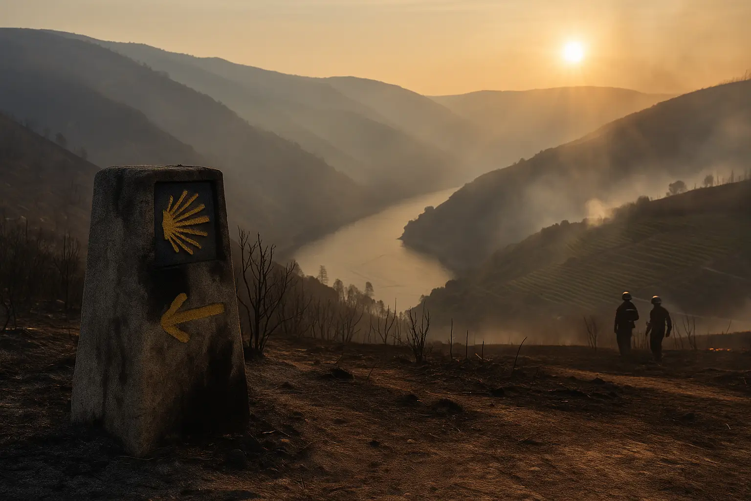Marcador del Camino de Invierno en la Ribeira Sacra, ennegrecido tras incendio; humo sobre el valle del Sil al atardecer y dos bomberos revisando el terreno.