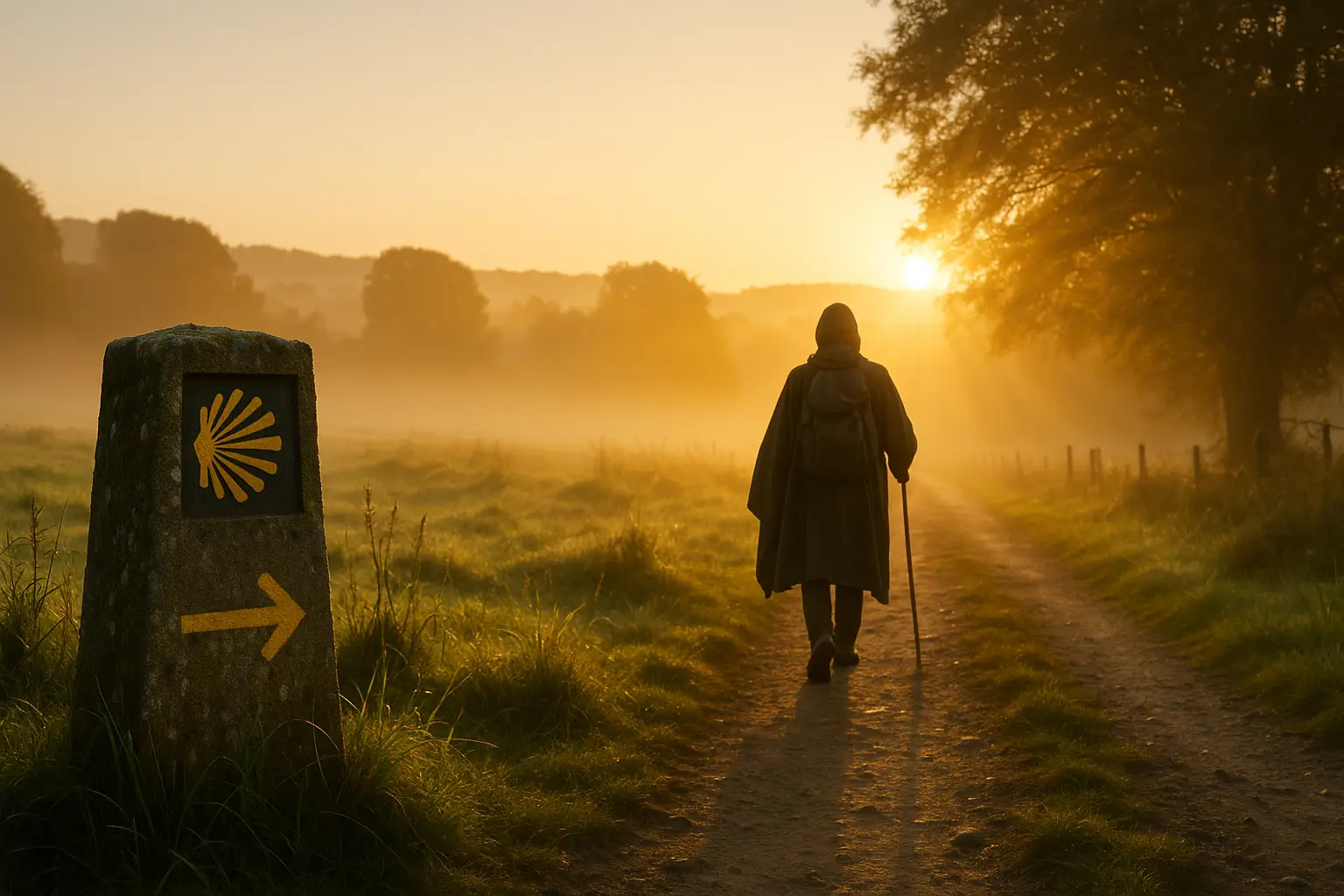 Peregrino al amanecer junto a un mojón con concha y flecha amarilla en el Camino de Santiago.