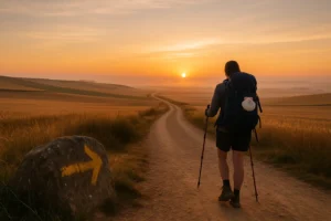 Peregrina camina al amanecer por el Camino de Santiago, con mochila y concha jacobea; una flecha amarilla pintada en una roca señala el sendero entre campos.