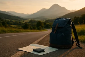 Mochila de viaje azul apoyada junto a una carretera panorámica, con un mapa y una billetera encima del asfalto. Al fondo, montañas y un cielo dorado al atardecer, simbolizando libertad y planificación financiera para viajeros.