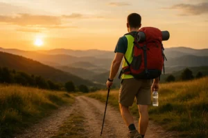Peregrino caminando por un sendero del Camino de Santiago al atardecer, con mochila roja ligera, bastón de senderismo, chaleco reflectante y botella de agua en la mano. Montañas y campos verdes al fondo iluminados por la luz dorada del sol.