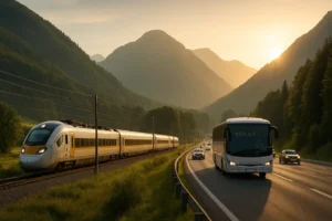 Fotografía horizontal realista de transporte terrestre con un tren moderno atravesando un valle montañoso, un autobús en carretera y coches en ruta, iluminados por la luz cálida del amanecer