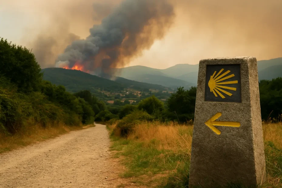 Mojón del Camino de Santiago con flecha amarilla y humo de incendios forestales en el horizonte