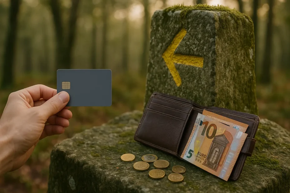 amino-dinero-tarjetas-efectivo.jpg Alt de la imagen: Mano con tarjeta junto a un mojón del Camino con flecha amarilla; cartera con euros y monedas sobre mesa de madera.