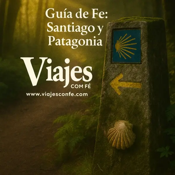 Mojón con flecha amarilla iluminado por el sol naciente, símbolo del inicio del Camino de Santiago y la fe peregrina.