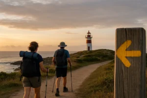 “Peregrinos al amanecer junto al mar, faro y flecha amarilla del Camino Inglés (Ferrol/A Coruña)
