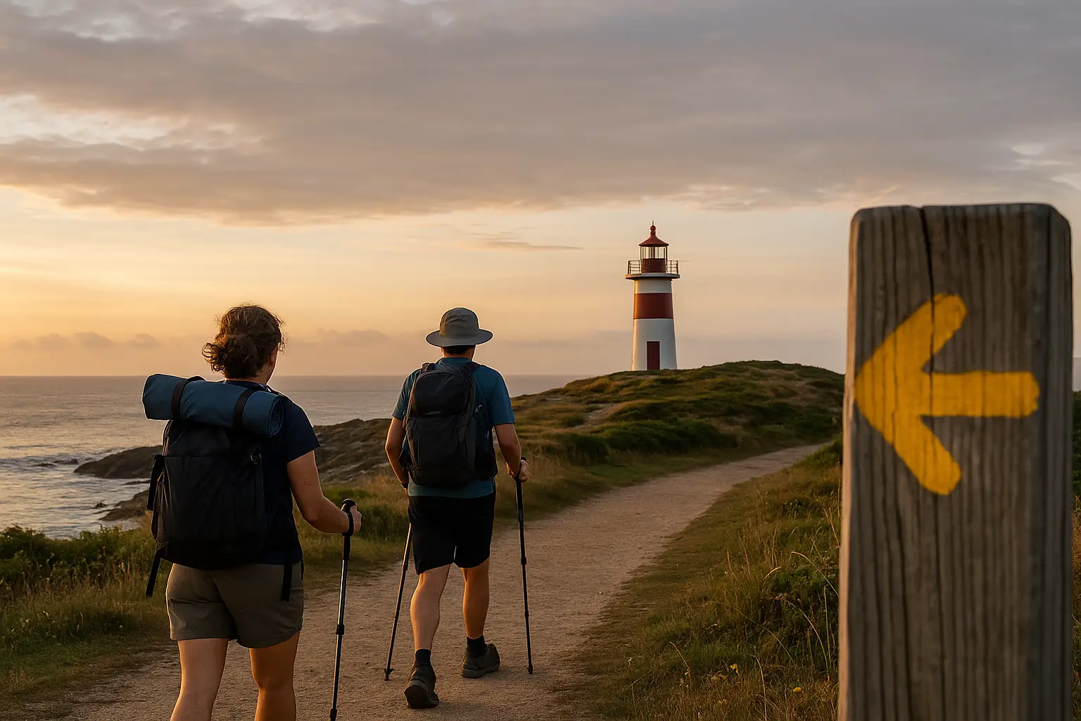 “Peregrinos al amanecer junto al mar, faro y flecha amarilla del Camino Inglés (Ferrol/A Coruña)