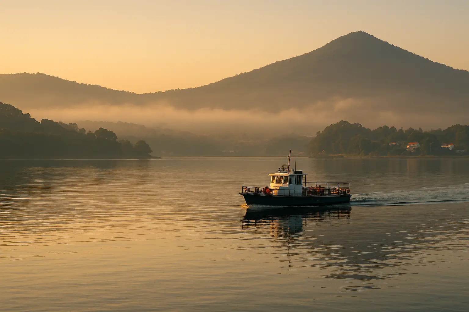 Barca oficial cruzando o rio Miño ao amanhecer entre Caminha (Portugal) e A Guarda (Espanha), sob luz dourada e névoa leve, com colinas verdes ao fundo — Camino Portugués da Costa 2025.