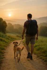 Peregrino con su perro en el Camino de Santiago al amanecer, ruta pet-friendly con paisaje verde gallego — guía 2025.