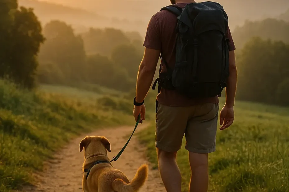 Peregrino con su perro en el Camino de Santiago al amanecer, ruta pet-friendly con paisaje verde gallego — guía 2025.