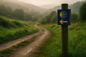 Camino de tierra entre colinas verdes de Galicia, poste de madera con flecha amarilla y concha, luz suave de tarde, niebla ligera, ambiente húmedo tras la lluvia, sin texto sobre la imagen.