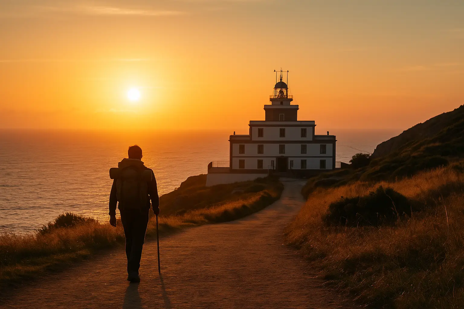 Peregrino caminando hacia el Faro de Finisterre al atardecer, final del Camino de Finisterre y Muxía — guía 2025.
