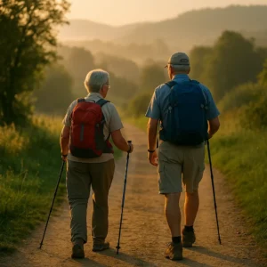 Peregrinos mayores caminando por el Camino de Santiago al amanecer, guía práctica para mayores de 60 años — Viajes con Fe 2025.