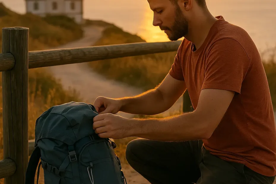 Peregrino preparando su mochila al amanecer en el Camino de Santiago, símbolo de empacar ligero y caminar con fe.