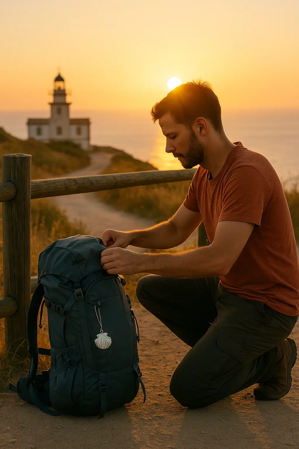 Peregrino preparando su mochila al amanecer en el Camino de Santiago, símbolo de empacar ligero y caminar con fe.