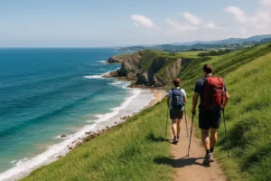 Peregrinos caminando por un sendero costero del Camino del Norte, con vistas al mar Cantábrico, acantilados verdes y cielo despejado al amanecer.