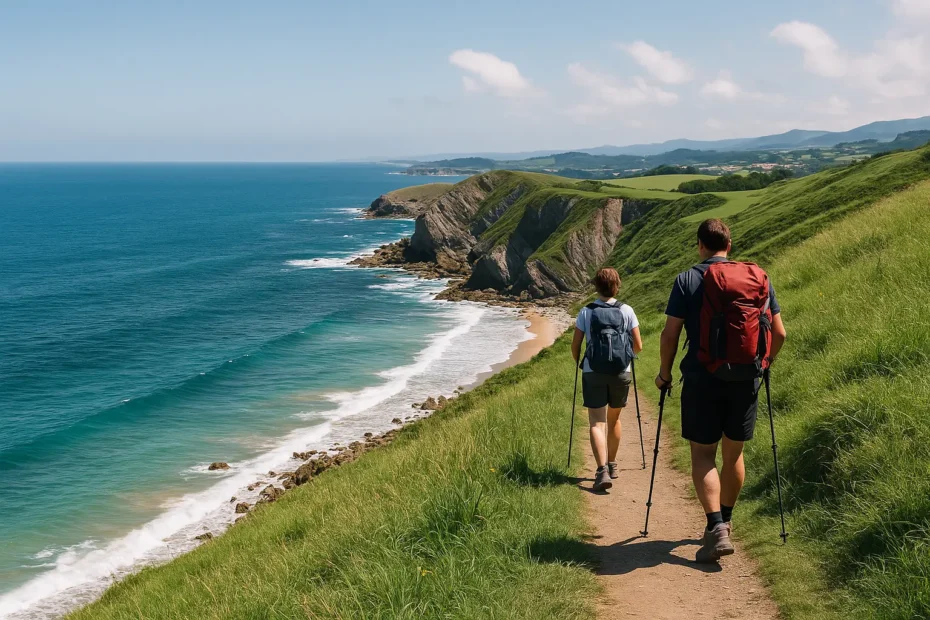 Peregrinos caminando por un sendero costero del Camino del Norte, con vistas al mar Cantábrico, acantilados verdes y cielo despejado al amanecer.