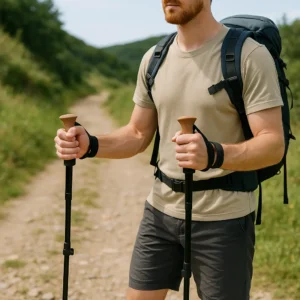 Peregrino en el Camino de Santiago usando bastones de trekking correctamente sobre un sendero de tierra, con mochila ligera y paisaje verde de Galicia al fondo