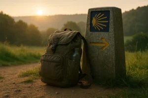 Mochila de peregrino apoyada sobre un mojón del Camino de Santiago con la flecha amarilla, al amanecer, iluminada por luz dorada y rodeada de colinas verdes del norte de España.