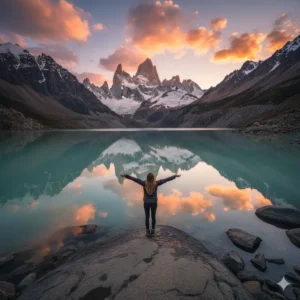 Una persona de espaldas contempla el amanecer en el mirador de las Torres del Paine, Patagonia, con las montañas reflejadas en el lago turquesa.