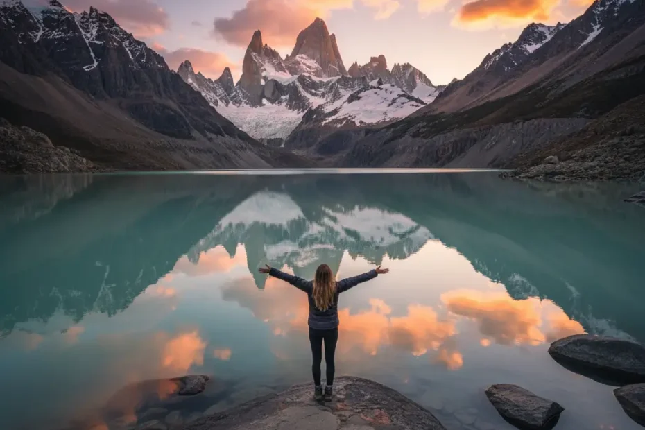 Una persona de espaldas contempla el amanecer en el mirador de las Torres del Paine, Patagonia, con las montañas reflejadas en el lago turquesa.