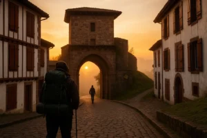 Peregrino con mochila de espaldas hacia la Porte Saint-Jacques en Saint-Jean-Pied-de-Port al amanecer, con casas vascas y la concha amarilla del Camino en la muralla.