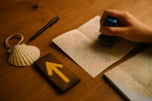 Mano sellando la credencial del peregrino sobre una mesa de madera, junto a una concha de vieira y una flecha amarilla del Camino.