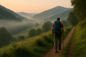 Peregrino caminando entre montañas y niebla al amanecer en el Camino Primitivo, cerca de Pola de Allande