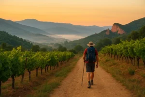 Peregrino caminando entre viñedos y montañas al amanecer en el Camino de Invierno, con Las Médulas visibles al fondo entre la niebla suave