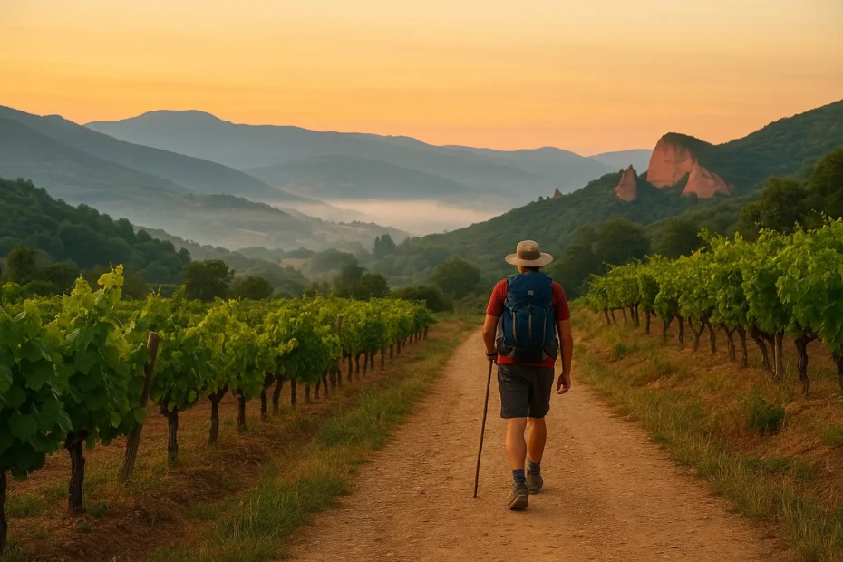 Peregrino caminando entre viñedos y montañas al amanecer en el Camino de Invierno, con Las Médulas visibles al fondo entre la niebla suave