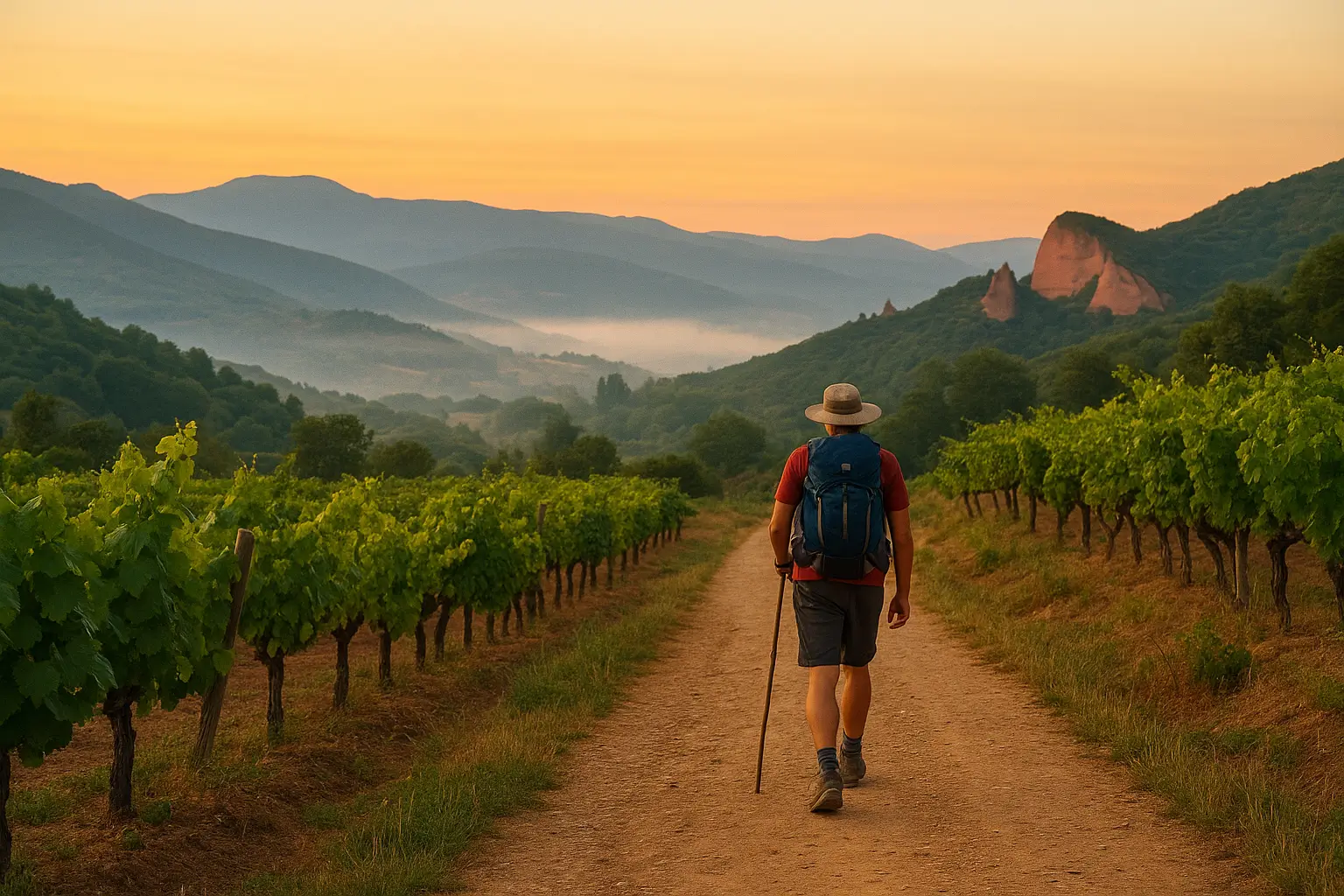 Peregrino caminando entre viñedos y montañas al amanecer en el Camino de Invierno, con Las Médulas visibles al fondo entre la niebla suave