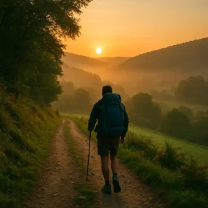 Peregrino caminando al amanecer por un sendero rural entre bosques y colinas verdes en el Camino Sanabrés cerca de Ourense, con niebla suave y sol dorado al fondo.
