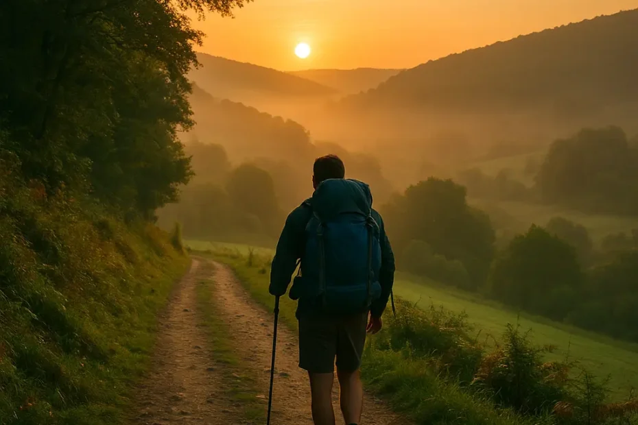 Peregrino caminando al amanecer por un sendero rural entre bosques y colinas verdes en el Camino Sanabrés cerca de Ourense, con niebla suave y sol dorado al fondo.