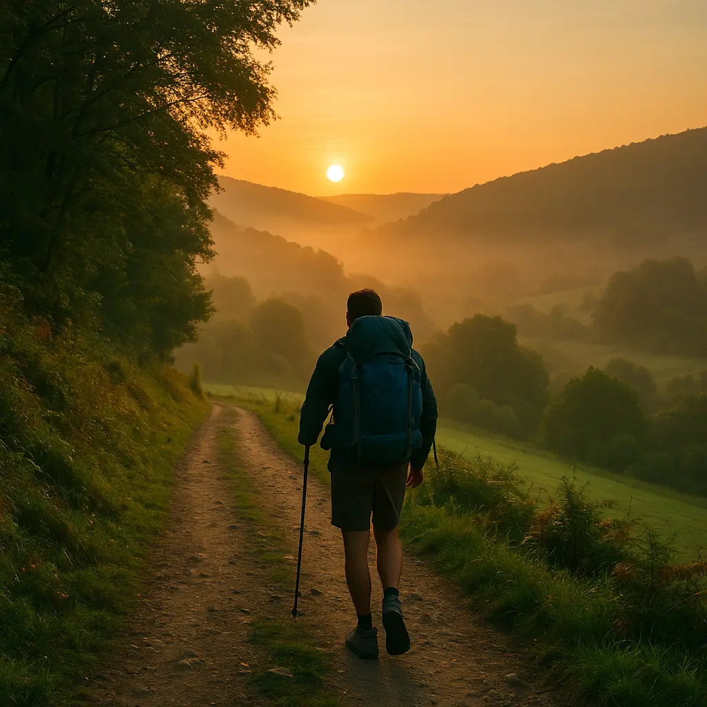 Peregrino caminando al amanecer por un sendero rural entre bosques y colinas verdes en el Camino Sanabrés cerca de Ourense, con niebla suave y sol dorado al fondo.