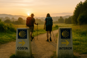 Peregrinos frente a uma bifurcação no Camino Portugués, com marcos indicando as rotas Costa e Interior ao amanhecer, em meio a campos verdes iluminados pelo sol nascente.