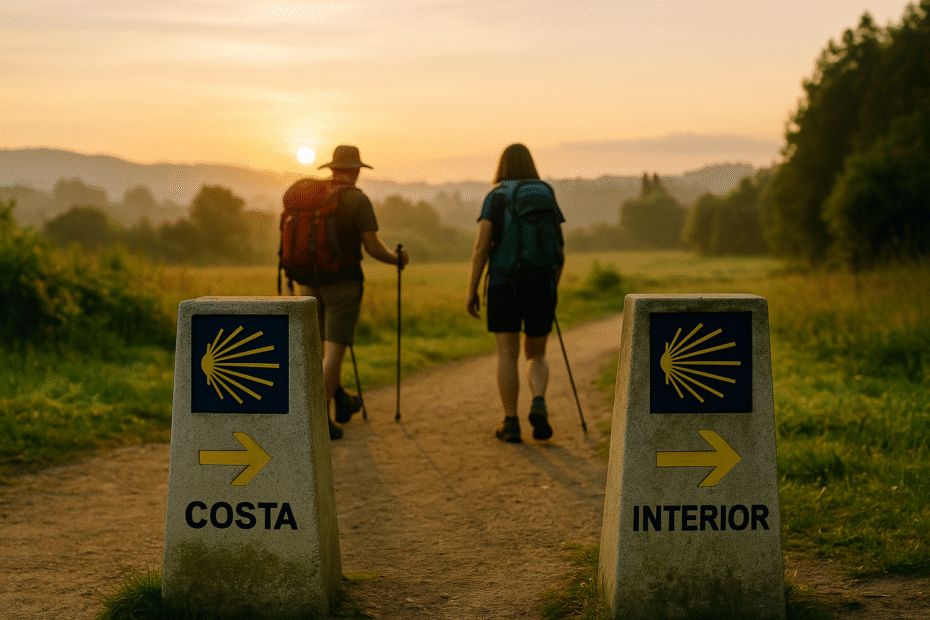 Peregrinos frente a uma bifurcação no Camino Portugués, com marcos indicando as rotas Costa e Interior ao amanhecer, em meio a campos verdes iluminados pelo sol nascente.