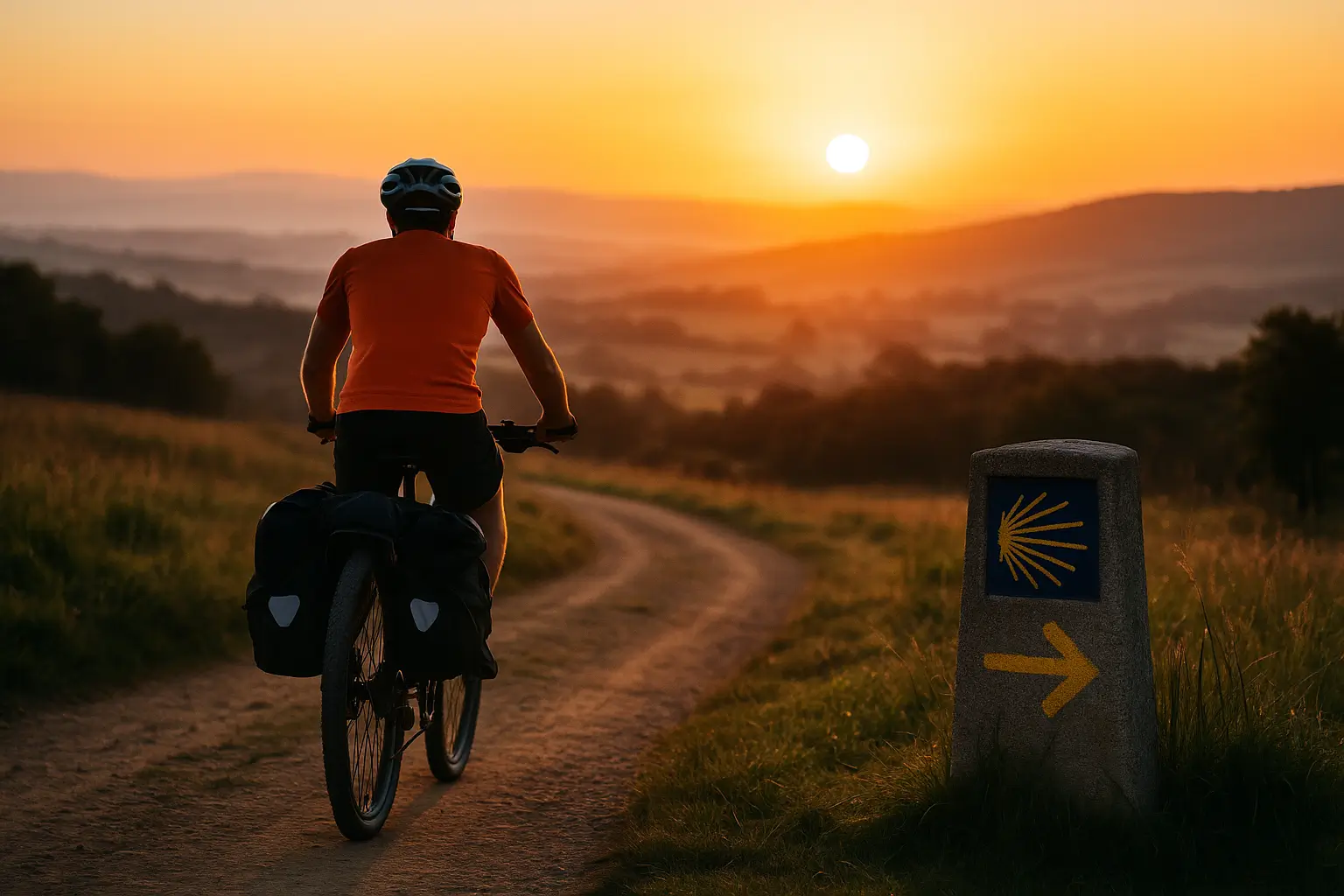 camino en bicicleta: bicigrino pedaleando al amanecer por un sendero del Camino de Santiago marcado con flechas amarillas.
