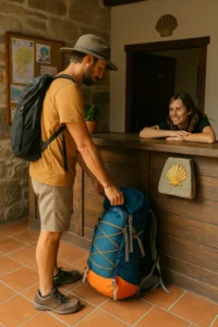transporte de mochilas camino de santiago: peregrino entregando su mochila en la recepción de un albergue para el servicio diario de envío.