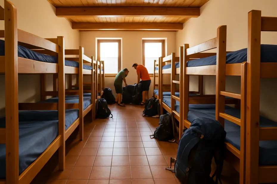 normas albergues camino de santiago: dormitorio con literas de madera, mochilas en el suelo y peregrinos organizando su equipaje en un albergue del Camino.