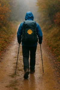 que llevar camino de santiago invierno: peregrino con chaqueta impermeable azul y mochila caminando bajo la lluvia en un sendero otoñal del Camino.