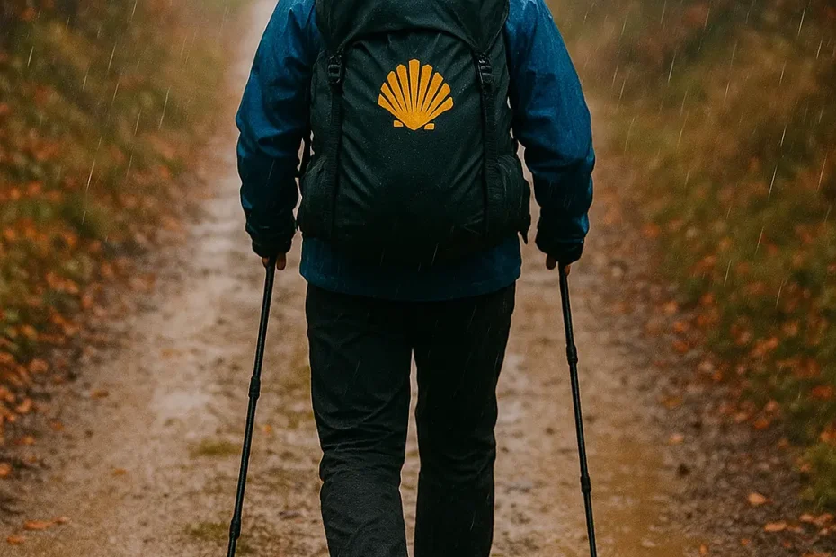 que llevar camino de santiago invierno: peregrino con chaqueta impermeable azul y mochila caminando bajo la lluvia en un sendero otoñal del Camino.