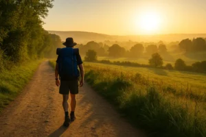 mejor epoca camino de santiago 2025: peregrino caminando al amanecer por un sendero rural con clima templado y paisaje verde del Camino de Santiago.