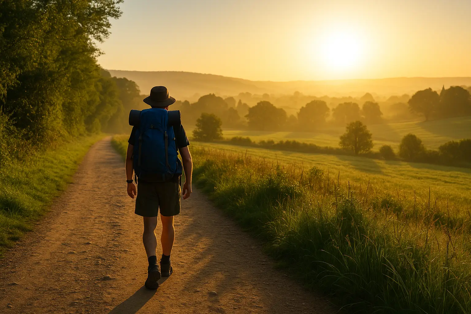 mejor epoca camino de santiago 2025: peregrino caminando al amanecer por un sendero rural con clima templado y paisaje verde del Camino de Santiago.