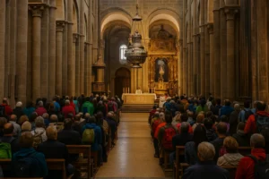misa del peregrino horarios 2025: interior de la Catedral de Santiago con peregrinos asistiendo a la celebración y el Botafumeiro suspendido sobre el altar.