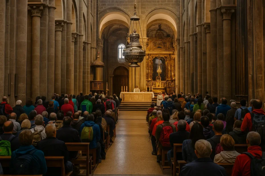 misa del peregrino horarios 2025: interior de la Catedral de Santiago con peregrinos asistiendo a la celebración y el Botafumeiro suspendido sobre el altar.