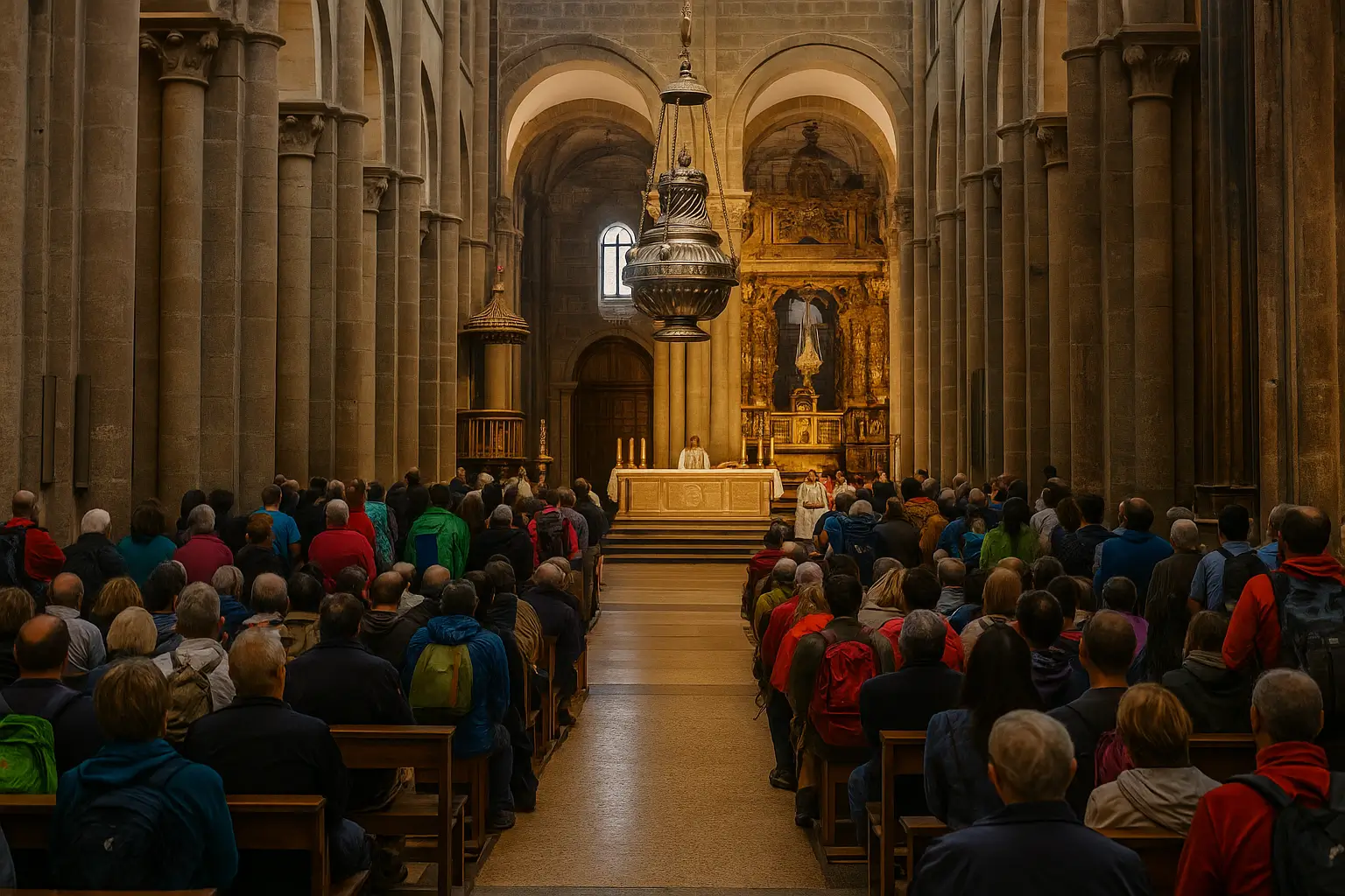 misa del peregrino horarios 2025: interior de la Catedral de Santiago con peregrinos asistiendo a la celebración y el Botafumeiro suspendido sobre el altar.